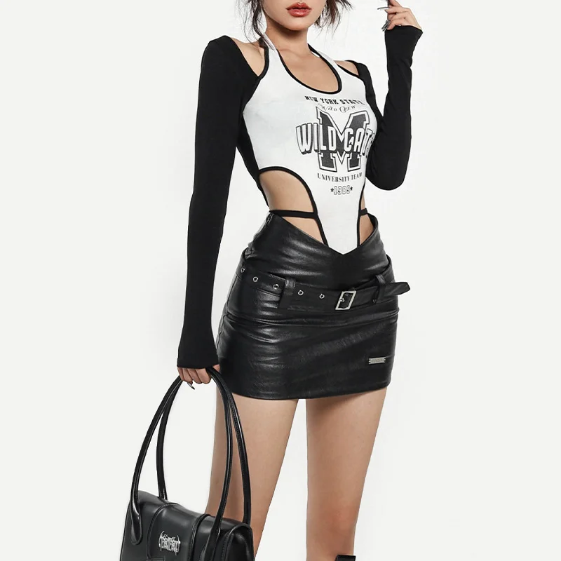 

Black PU Leather Skirt Women Autumn Sexy Tight High Waist A-line Mini Skirt with Belt Gothic Fashion