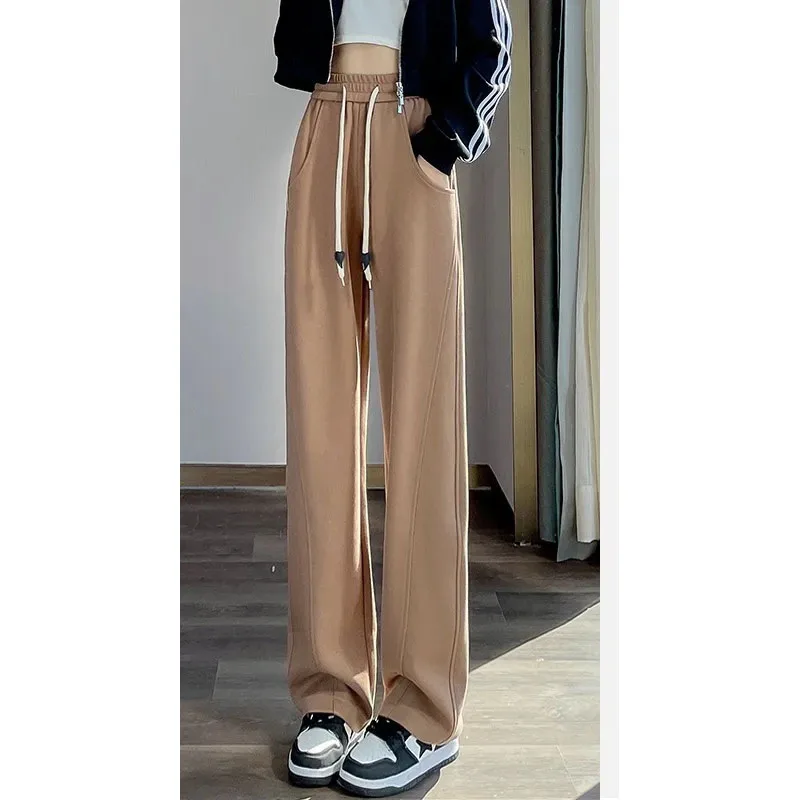 

Spring Autumn New Women's High Waisted Drape Drawstring Pockets Spliced Fashion Casual Loose Versatile Straight Trousers