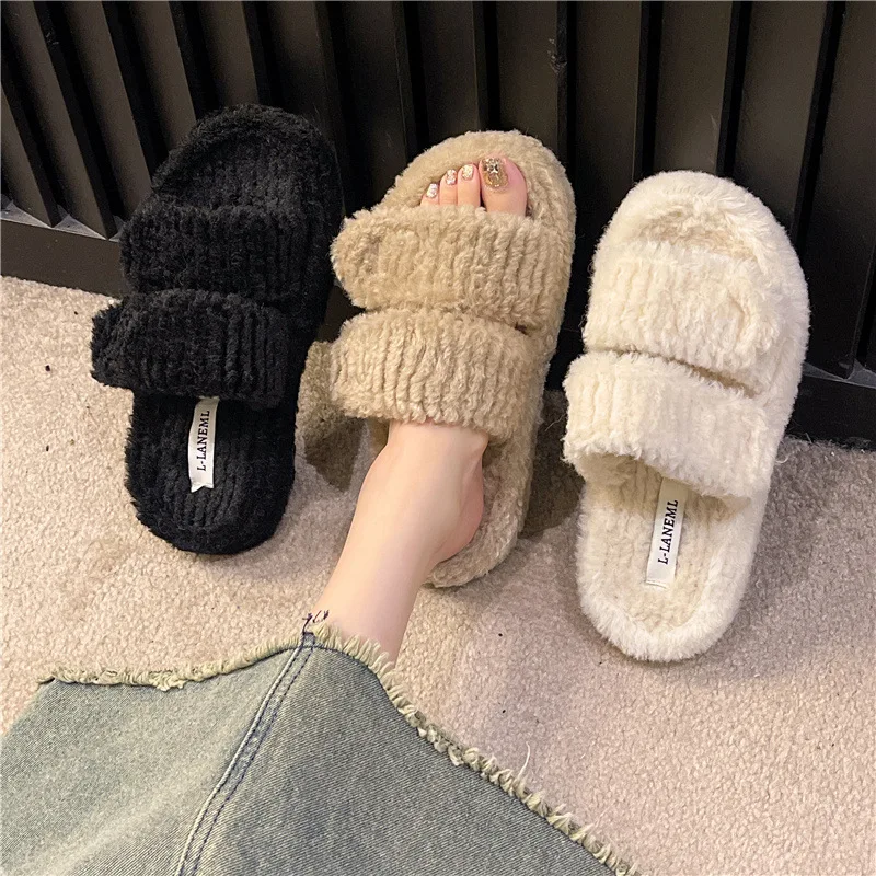 

Home Fluffy Fur Slippers Comfy Open Band Plush Sole Women Warm Shoes Indoor Bedroom Soft Flat Pillow Slide Footwear ZJ 71