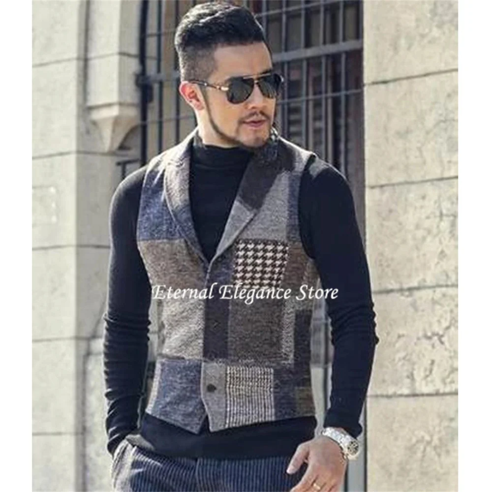 

Casual Men's Vest V Neck Vest Lattice Tweed Slim Fit New Wool Waistcoat Male Clothes Double Breasted Gilet Men Chaleco Homb