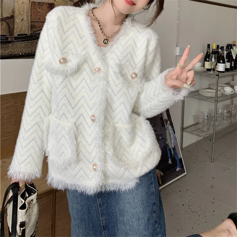 

Tassel Raw Edge Knitted Cardigan Coat 2023 Autumn Winter Loose O-neck Korean Fashion Soft Knitwear Jacket Female Sweater Outwear