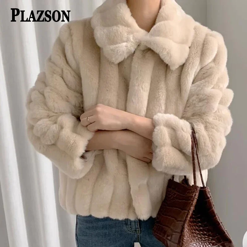 

Зимнее пальто PLAZSON из искусственного кроличьего меха, Женская Повседневная куртка из искусственного меха норки с отворотом и длинным рукавом, теплая верхняя одежда