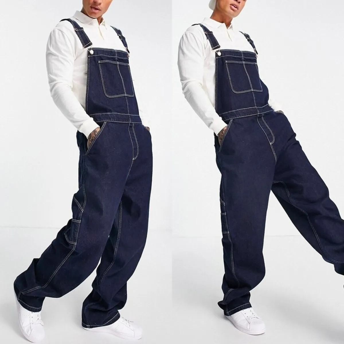 

Men Jeans Distressed Denim Overalls Straight Pants Spliced Pockets High Street Loose Cargo Washing Ankle Length Solid Casual
