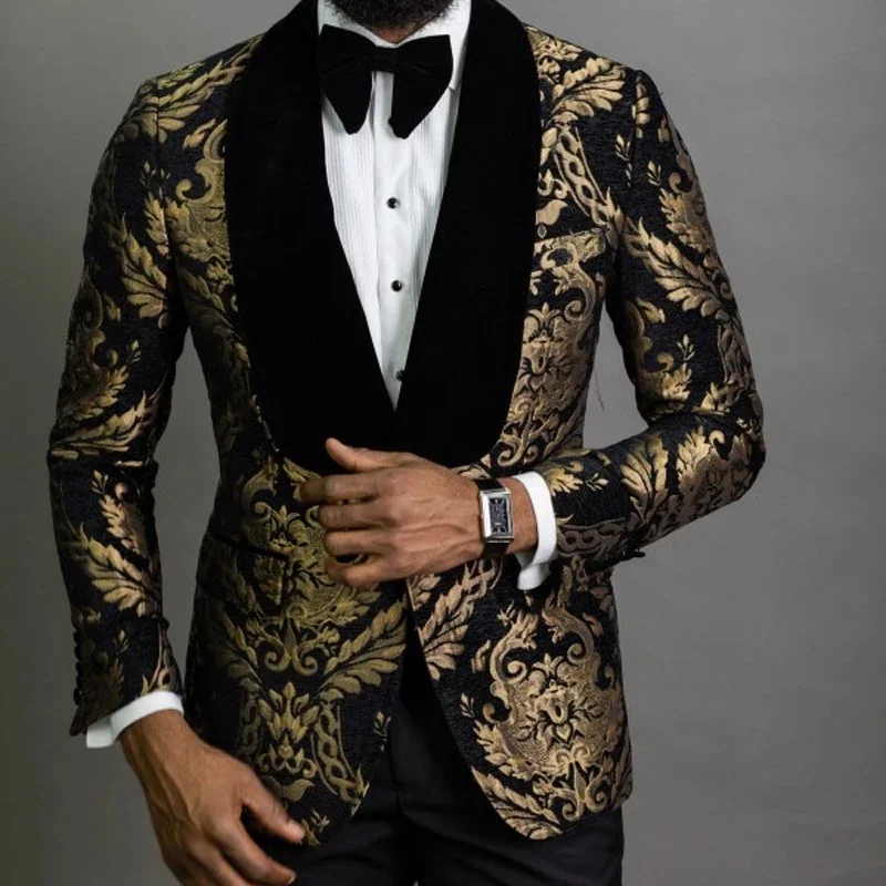 

Black Floral Jacquard Men Suits Black Lapel Wedding Dress Costume Homme Prom Slim Fit Tuxedo Groom Terno Masculino Blazer 2 Pcs