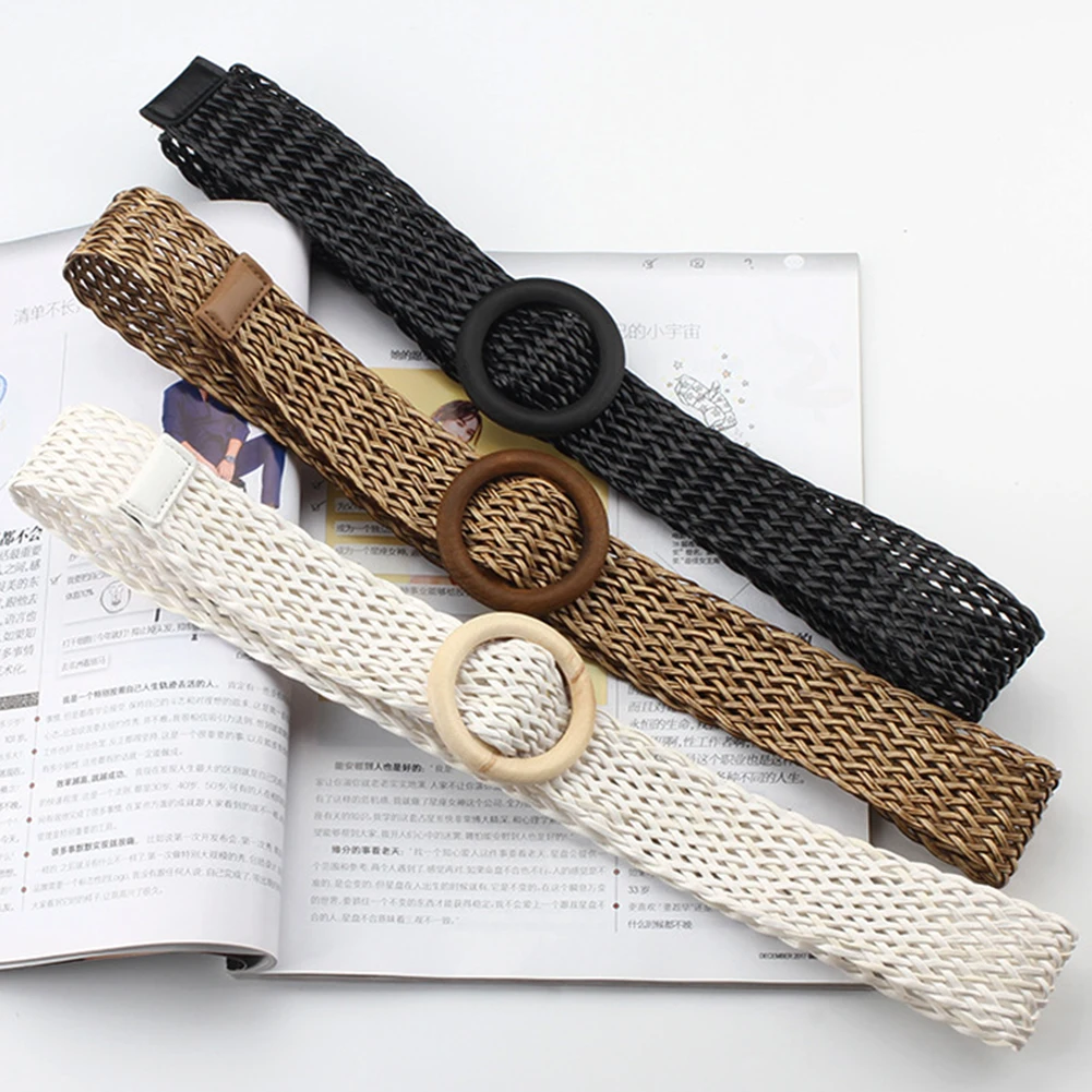 

Women Braid Belt New Fake Straw Knitted Round Square Buckle Waistband Breathable Hollow Elastic Decorative Wide Belt Woven Belt