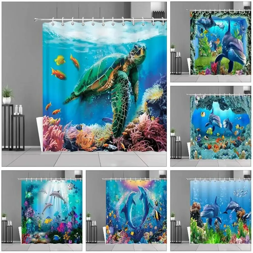 

Ocean Underwater World Shower Curtain Colourful Tropical Fish Turtle Deep Sea Coral Fabric Washable Bath Curtains Bathroom Decor