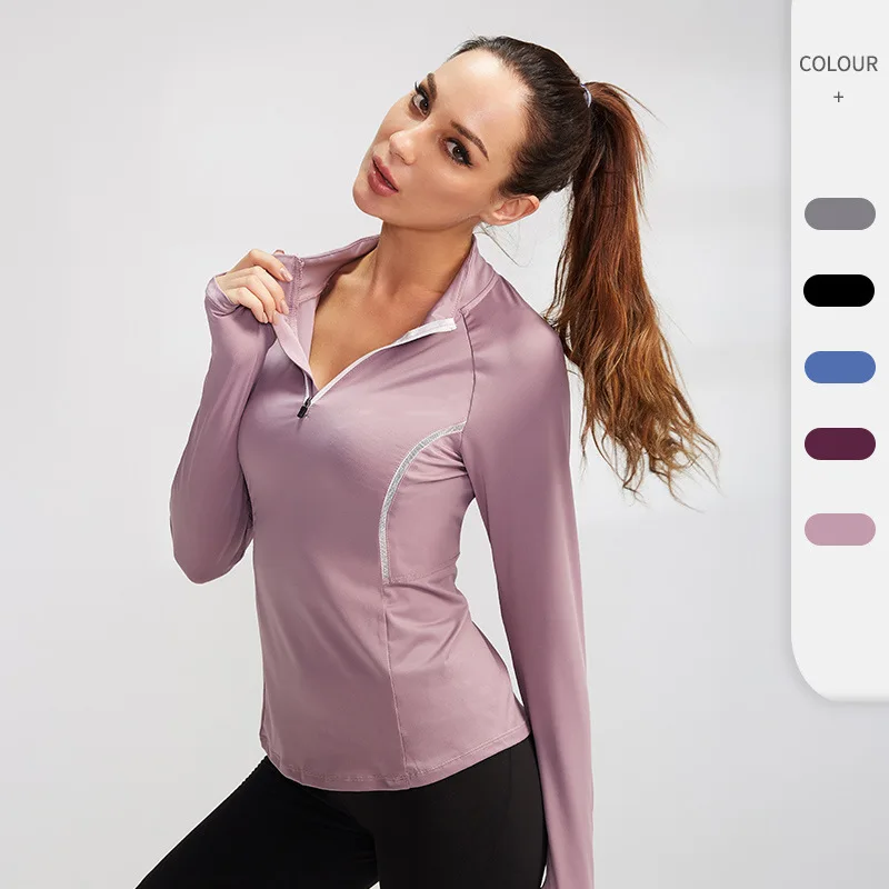 

Женская спортивная рубашка для йоги на молнии с длинным рукавом, быстросохнущая футболка с воротником-стойкой, одежда для фитнеса, бега, йоги, колготки, топы для женщин