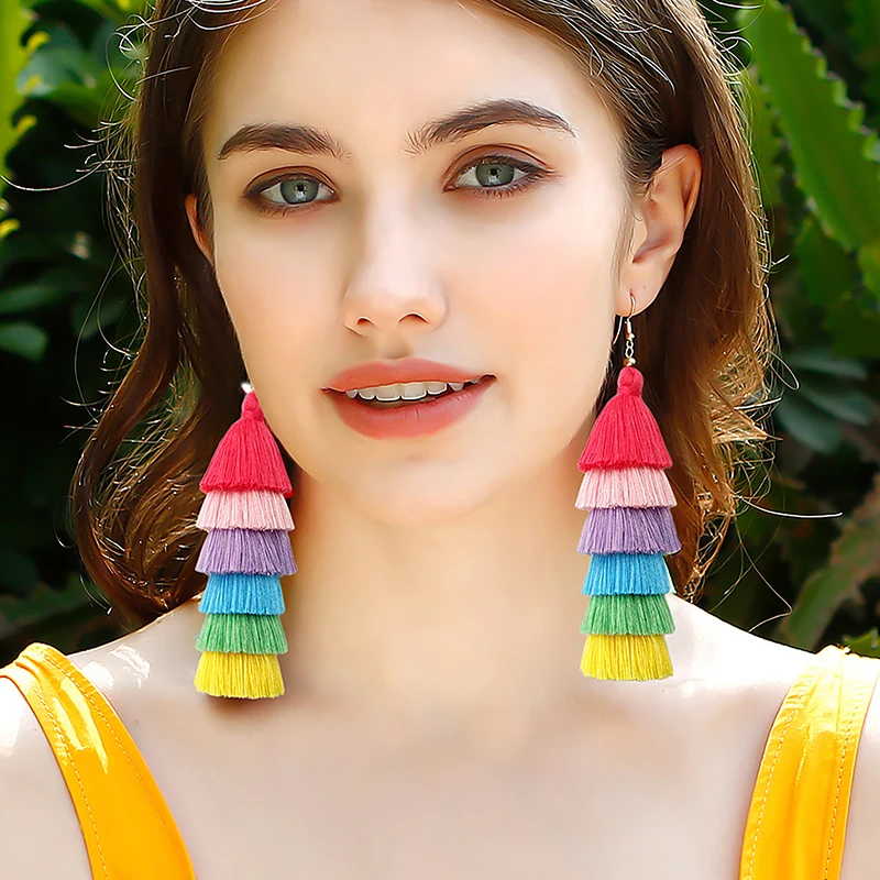 

1Pair Summer Handmade Jewelry Bohemian Style Accessories Long Cute Rainbow Color Layered Fringe Tassel Earrings For Women