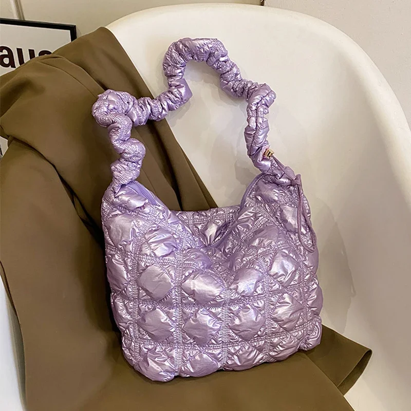 

Дизайнерская фиолетовая пышная сумка для женщин, хлопковая вместительная сумочка на плечо, брендовый большой тоут с подкладкой, Женская нейлоновая сумка через плечо, 6 цветов