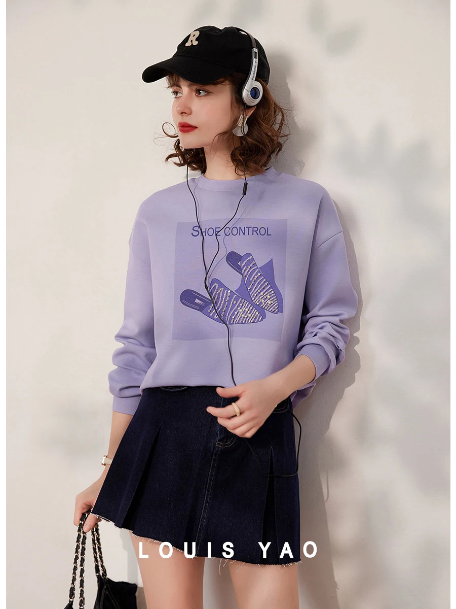 

LOUIS YAO Women Sweatshirt 2024 Spring Print Beading Fashion Round Neck Long Sleeve Loose Fit Casual Purple White Pullover Top
