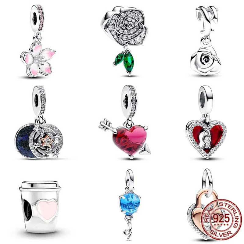 

NEW 925 Sterling Silver Coffee Cup Cherry Blossom Dangle Charm Bead for Women Fit Original Pandora Bracelet Bangle DIY Jewelry
