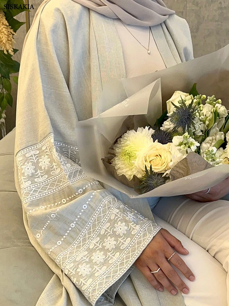 

Siskakia Ramadan Muslim Women Open Kimono Saudi Abayas Chic Embroidery Belted Robe With Pockets Moroccan African Arab Kaftan Eid