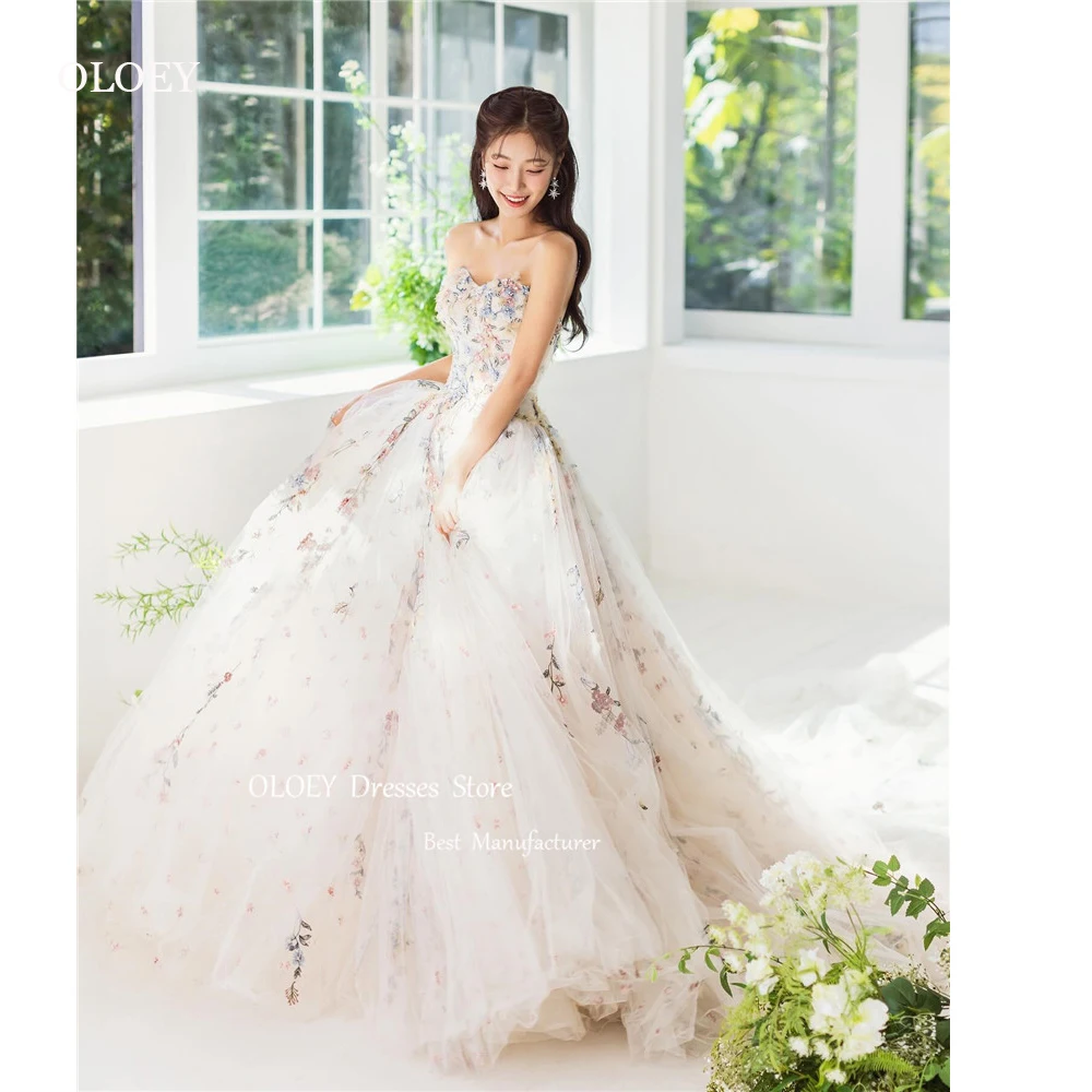 

OLOEY Fairy Printed A Line Tulle Wedding Dresses Korea Photoshoot Sweetheart Sweep Train Bridal Gowns Corset Back Evening Dress