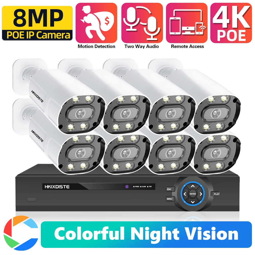 

Система видеонаблюдения 4K Ultra HD POE, 8-канальный сетевой видеорегистратор с камерами безопасности 8 Мп, комплект видеонаблюдения, 2-канальная запись звука, Ip-камера 4K