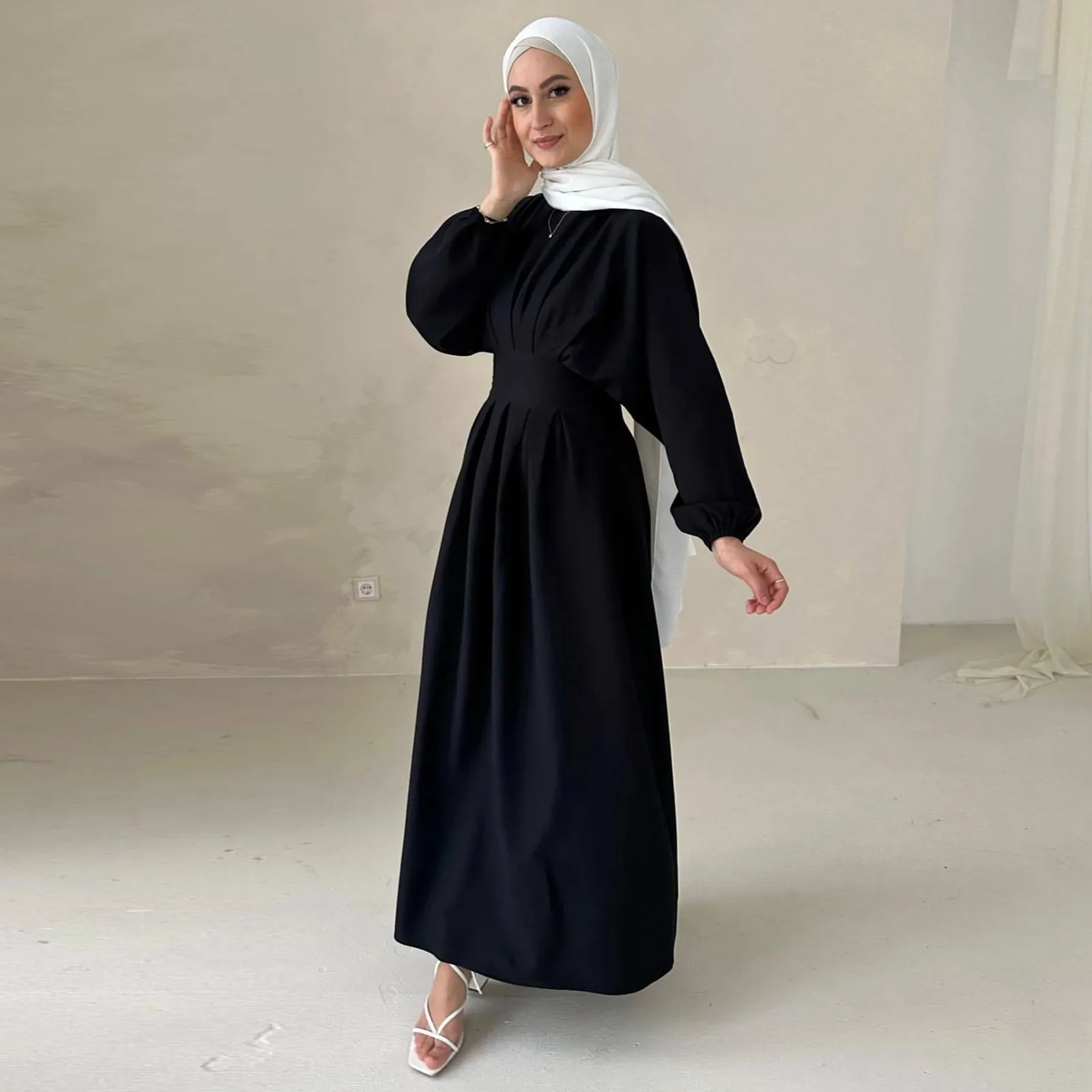 

Women Half Turtle Neck Muslim Solid Color Elegant Lantern Sleeve Waist Dress Long Abaya African Dress Ramadan Islamic Clothing