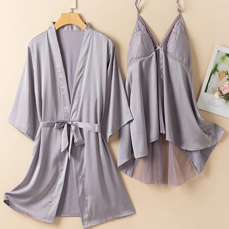 

Женский комплект из двух предметов, сексуальная сетчатая ночная рубашка на бретелях в стиле пэчворк, одежда для сна, весна-лето, атласное кимоно, халат, халат, платье, домашнее платье