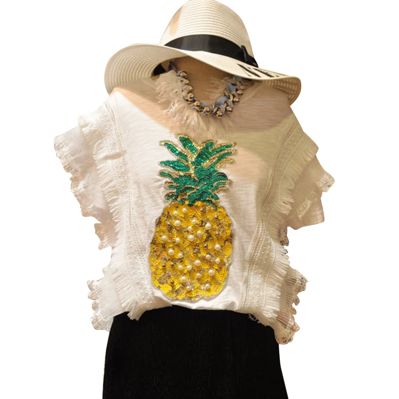 

Hot Summer Woman Pineapple Pearls Beaded Tees Sequined Lace T-Shirts Tassels O-Neck Lotus Leaf Fruit Short Sleeved Pleated Tops