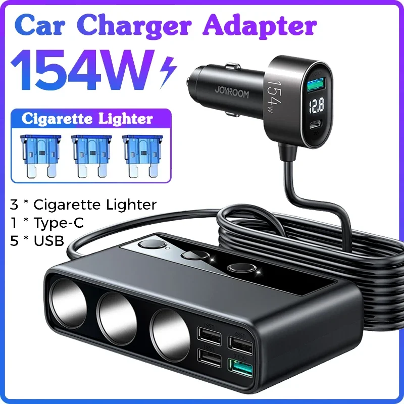 

9 in 1 154W Car Charger Adapter PD 3 Socket QC3.0 Cigarette Lighter Splitter Charge Independent Switches DC Car Cigarette Outlet