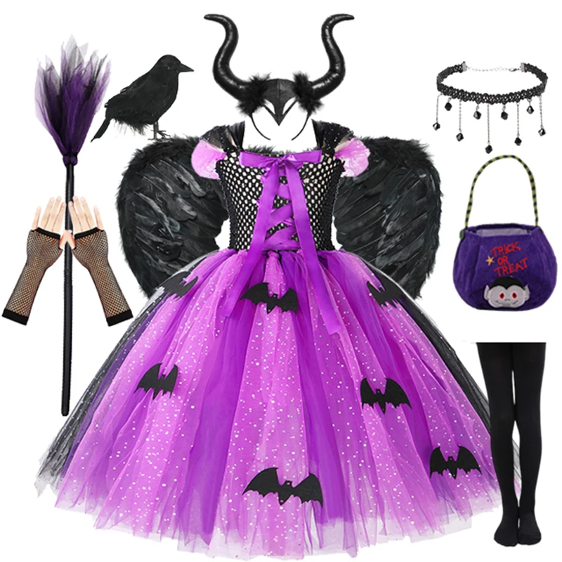 

2023 Disguise Bat Witch Costume for Girls Halloween Tutu Dress With Hat Broom Pantyhose Kids Carnival Cosplay Party Outfit Set