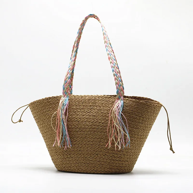 

Fashionable Paper Straw Woven Bag, Single Shoulder Colorful Ribbon Woven Beach Commuting Handbag