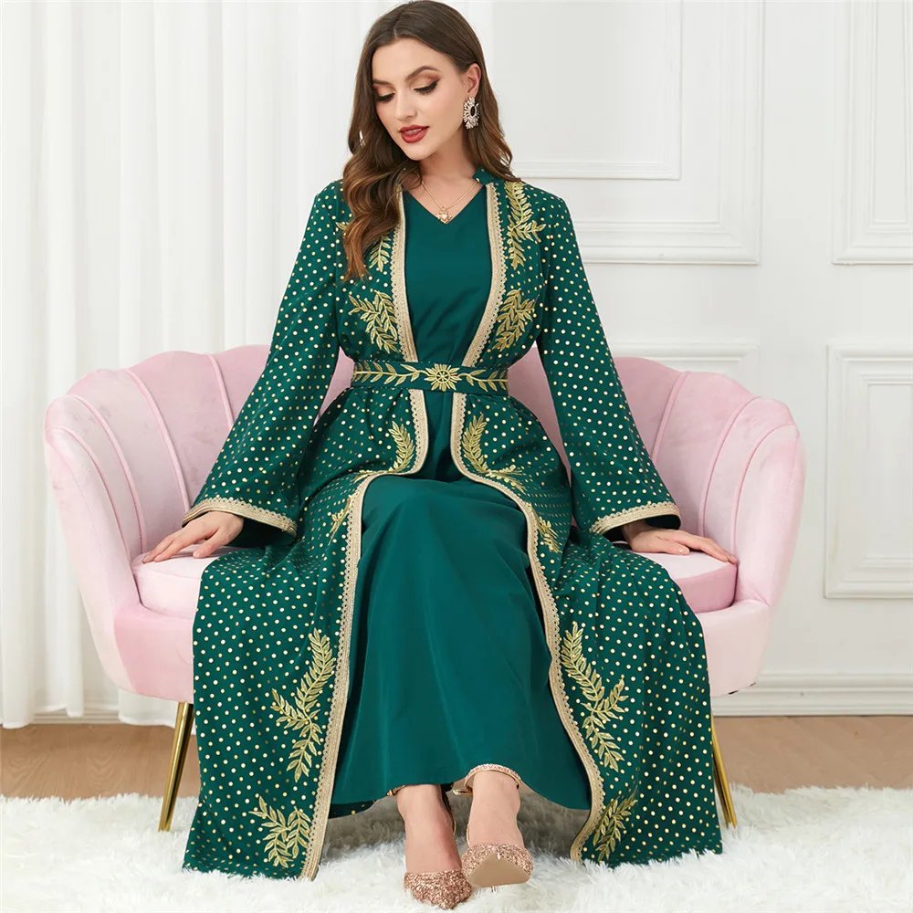 

2 Piece Set Eid Ramadan Muslim Elegant Women Dress Abaya Kaftan V-Neck Maxi Long Sleeve Arabic Turkey Dubai Morocco Evening Robe