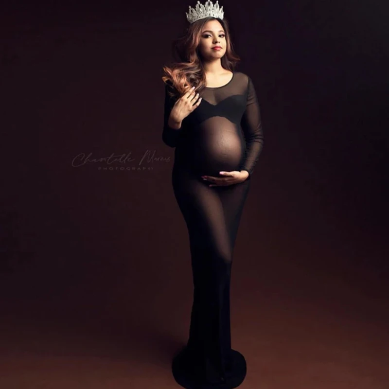 

Stylish Maternity Photography Dress: Long-Sleeved Sheer Mesh, Perspective, and Elastic Bodycon