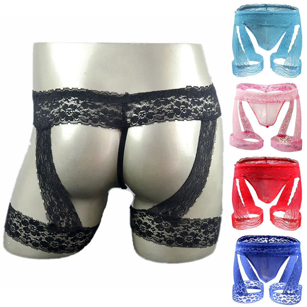 

Men Sissy Sexy Garter Briefs Lace Underwear T Back G-string Thongs Enhance Pouch Gay Jockstrap Solid Low Waist Panties Underpant