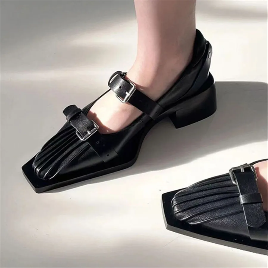 

Женские туфли-лодочки с квадратным носком, черные дизайнерские классические туфли на массивном высоком каблуке, обувь с плиссированными пряжками, Mary Janes, Новинка осени 2024