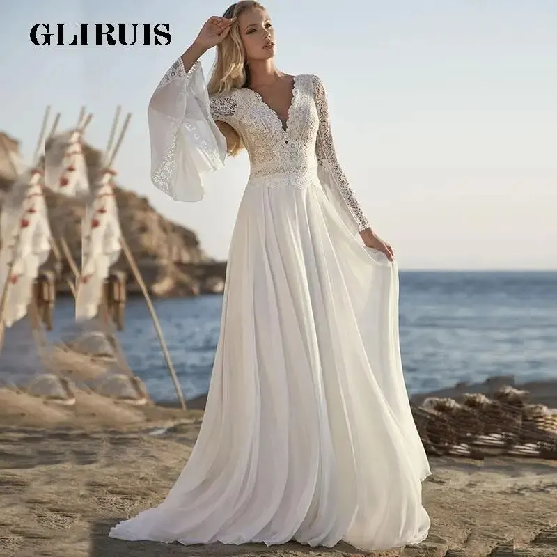 

Charming A Line Chiffon Wedding Dresses 2023 V Neck Long Sleeve Lace Applique Backless For Women Robe De Mariage Bridal Gown