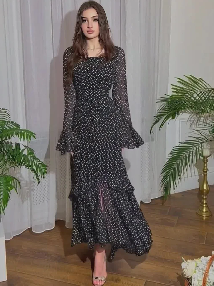 Dress Women Flare Sleeve Polka Dot Chiffon Long Dresses Lady Spring Autumn Elegant Holiday Dress Casual Ruffles Bandage Vestidos
Dress Women Flare Sleeve Polka Dot Chiffon Long Dresses Lady Spring Autumn Elegant Holiday Dress Casual Ruffles Bandage Vestidos