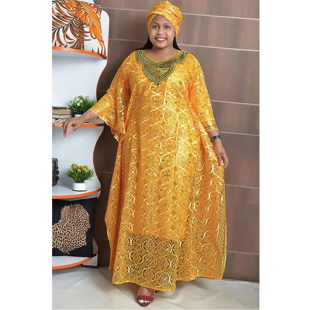 

African Dresses for Women Ankara Outfits Evening Gown with Headtie Muslim Fashion Lace Boubou Dashiki Traditional Africa Clothes