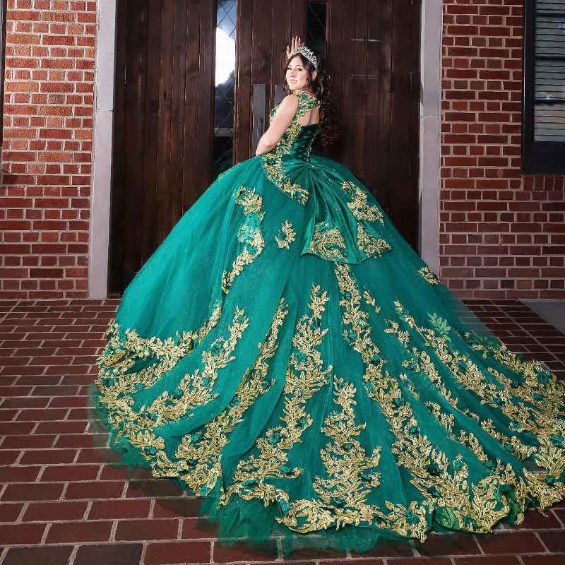 

Блестящие Зеленые платья для девушек 2024 XV бальное платье розовое золото с кружевной аппликацией милое платье принцессы 16 для дня рождения женское платье 15