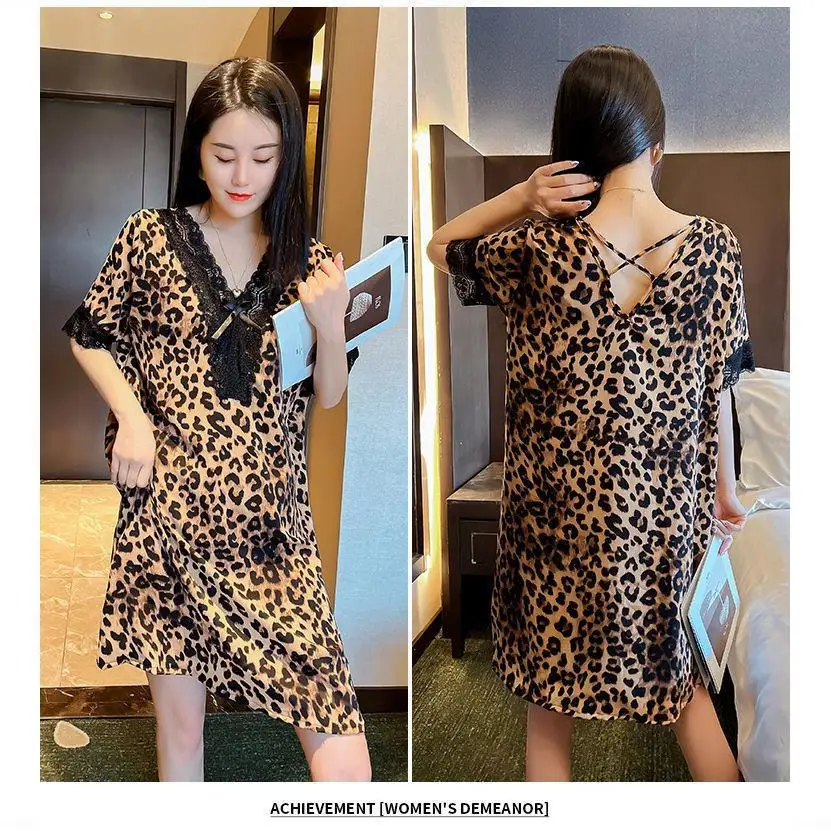 Plus Size Sexy Leopard Women Lace V-Neck Short Sleeve Nightgowns Summer Loose Satin Sleepshirts Soft Nightdress Thin New Casual
Plus Size Sexy Leopard Women Lace V-Neck Short Sleeve Nightgowns Summer Loose Satin Sleepshirts Soft Nightdress Thin New Casual