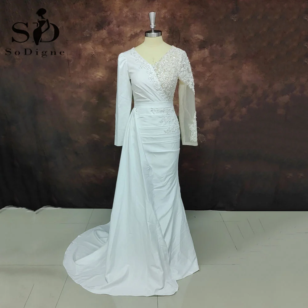 

SoDigne Boho Lace Wedding Dresses 2022 V-Neck Long Sleeves Beach Bohemian Bridal Gowns Satin White Robe De Mariee