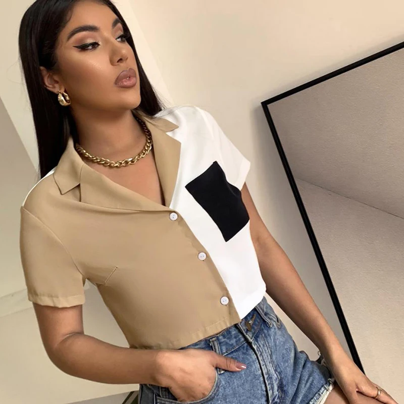 2023 Women tshirts Summer Short Sleeve Patchwork Khaki Tees Casual Chiffon Blouses Turn-down Collar Lady Button Shirts Crop Tops
2023 Women tshirts Summer Short Sleeve Patchwork Khaki Tees Casual Chiffon Blouses Turn-down Collar Lady Button Shirts Crop Tops