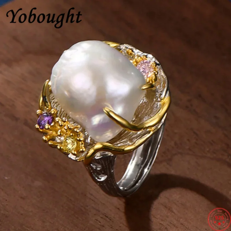

S925 sterling silver rings for Women New Fashion Palace style freshwater pearl zircon contrast colors jewelry free shipping