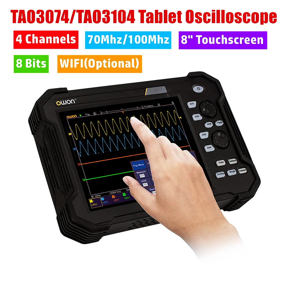 Портативный цифровой планшетный осциллограф OWON 4CH TAO3074 TAO3104, 8-дюймовый ЖК-дисплей, мультисенсорный экран 100 МГц, 1GS/s 8-битный CAN-шина, декодирование
Портативный цифровой планшетный осциллограф OWON 4CH TAO3074 TAO3104, 8-дюймовый ЖК-дисплей, мультисенсорный экран 100 МГц, 1GS/s 8-битный CAN-шина, декодирование