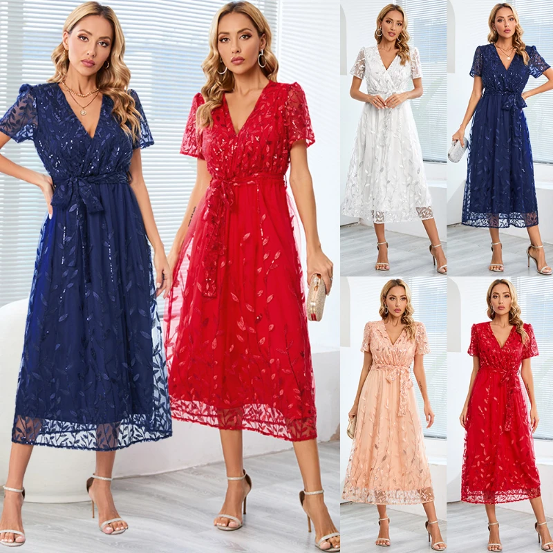 Autumn Women's Fashion New Embroidered Bright Silk Mesh Dress Dress Fashion Slim Fit V-neck Mid Length Dress Evening Dresses
Autumn Women's Fashion New Embroidered Bright Silk Mesh Dress Dress Fashion Slim Fit V-neck Mid Length Dress Evening Dresses