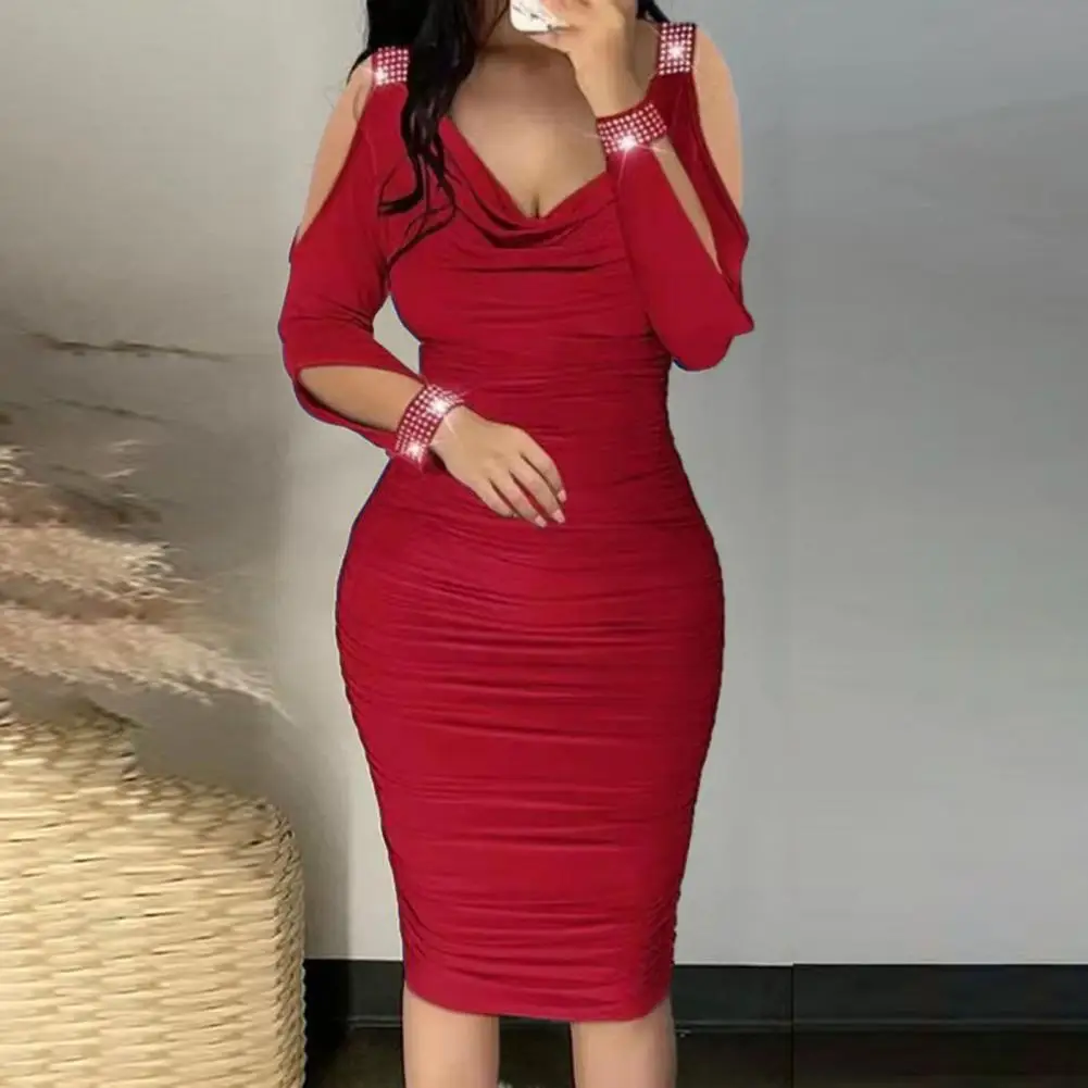

Women Sheath Dress Hollow Out Pleated Deep V Neck Solid Color Knee Length Bodycon Tight Elastic Soft Party Club Mini Dress