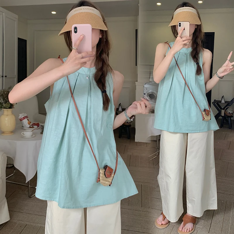 

2024 Summer Maternity Clothes Set Sleeveless Pleated Shirts Wide Legs Belly Trousers Twinset Cool Pregnant Women's Pants Suits