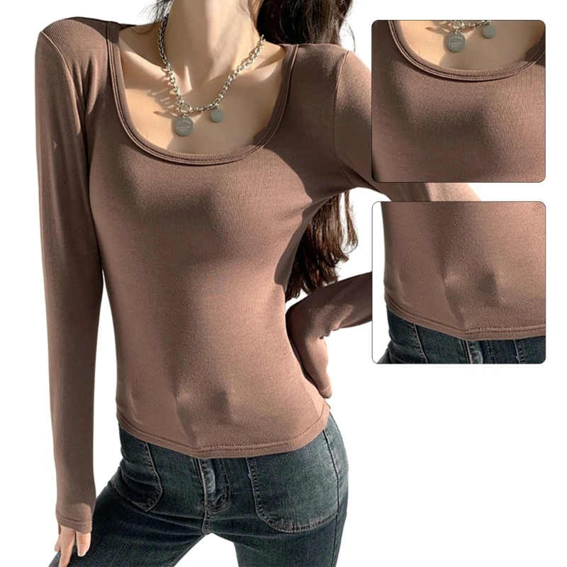 

Y166 Women Neck Ribbed Fitted Long Sleeve Crop Top Solid Color Skinny T-Shirts