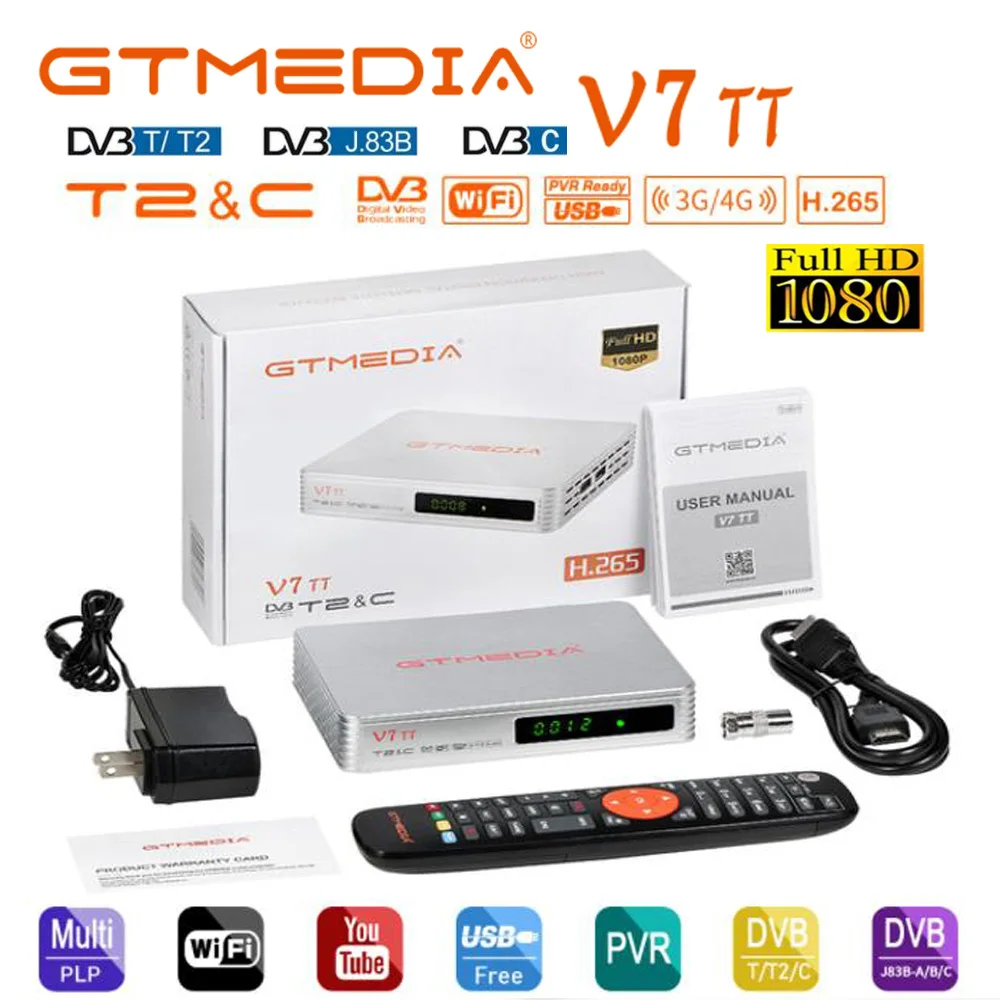 

New GTMEDIA V7 TT DVB-T/T2/C H.265 HEVC 10bit Digital Terrestrial TV Tuner Receiver USB Wifi Support Online Movie TV Box Decoder