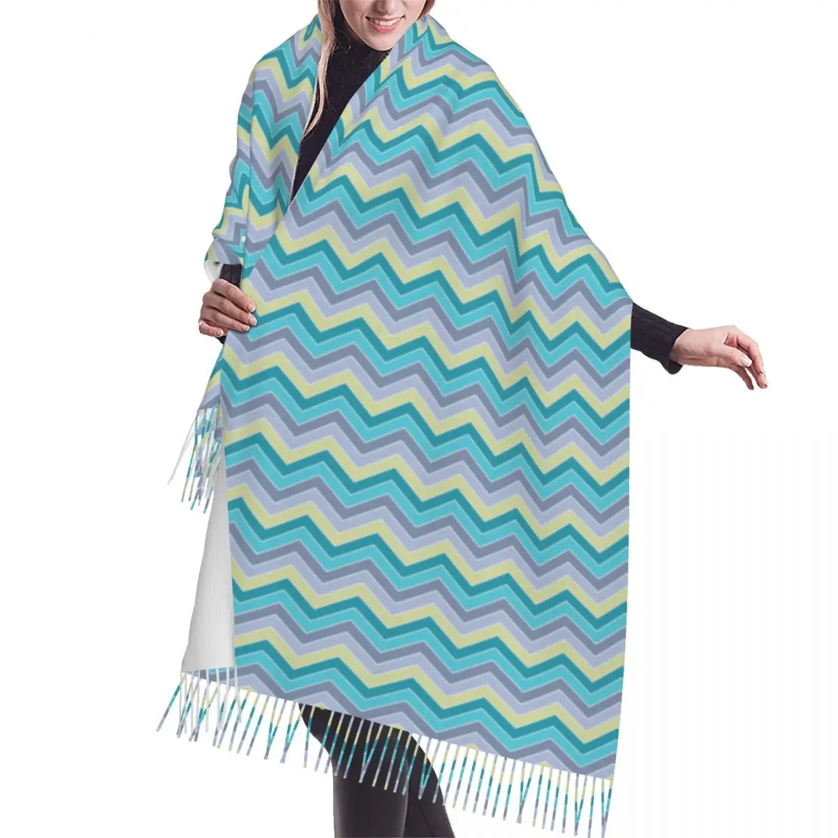 

Lady Long Zigzag Pattern Seamless Versatile Scarves Women Winter Soft Warm Tassel Shawl Wraps Bohemian Modern Geometric Scarf