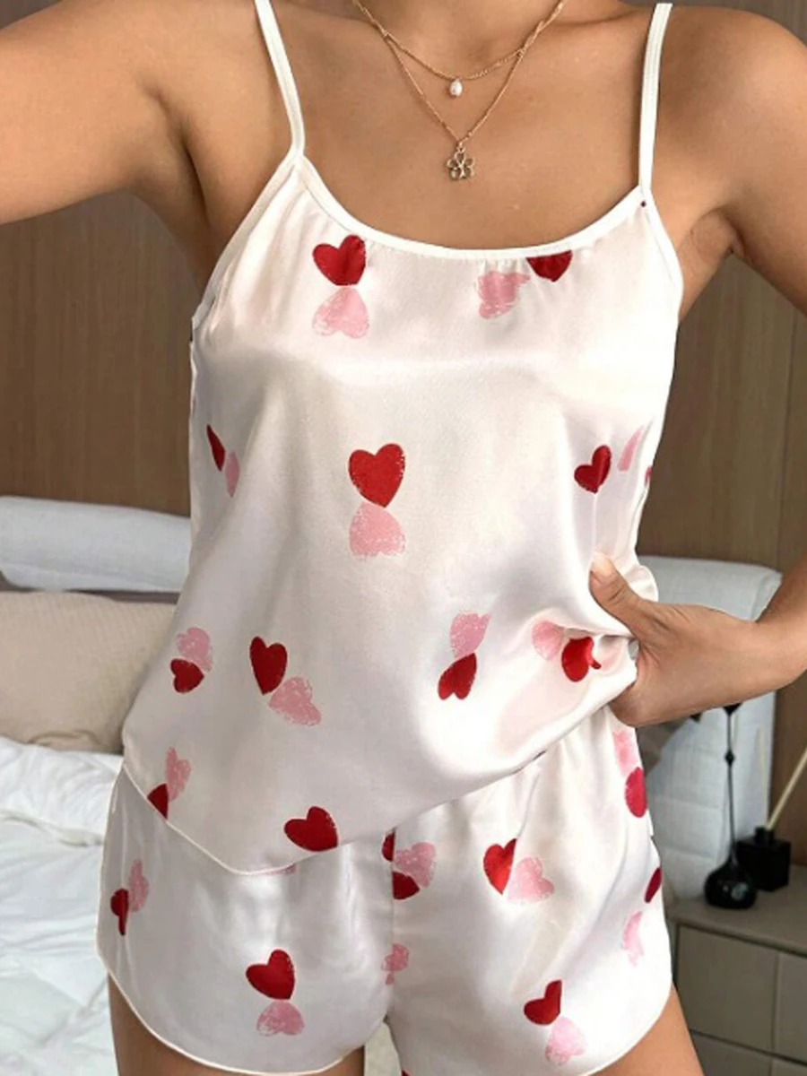 

Women s Satin Pajama Set Sleeveless Heart Print Crop Cami Tops Shorts Pj Set Sleepwear 2 Piece Lounge Sets