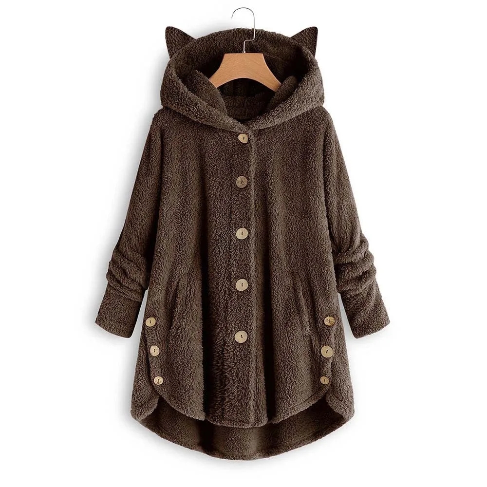 

Warm Women'S Coat Winter Plus Velvet Winter Cute Cats Ears Hooded Buttons Jacket Kawaii Girls Fleece Coat Solid Bear Overcoat