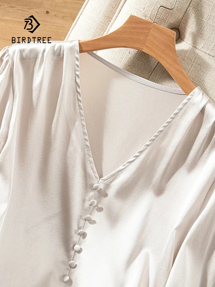 

BirdTree French OL Commute Versatile Blouse,93%Real Silk Elegant Shirt,Women's V Neck Long Sleeve,2024 Spring New T42103QC