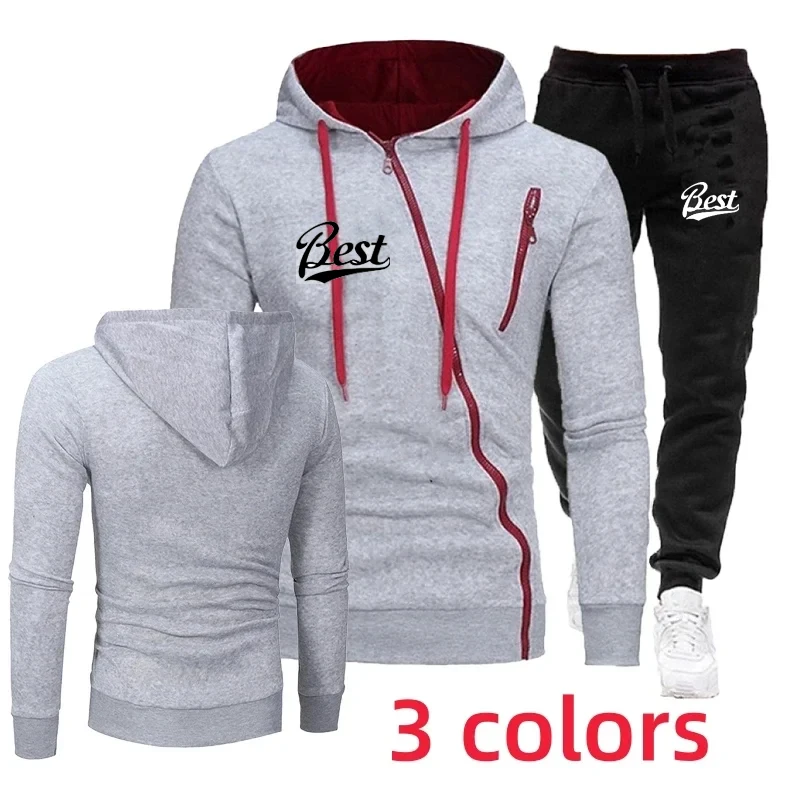 

2023 Men's Autumn Fashion Oblique Zipper Hooded Jacket Winter Sports Shirt Set Casual Zip Up Long Sleeve Jogger Pants Hiking Set
