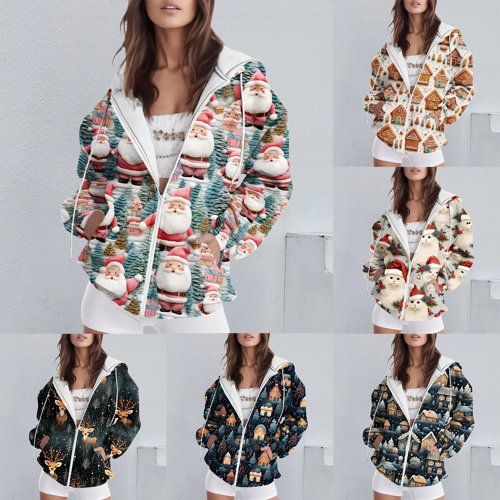 Женский свитшот на молнии с рождественским принтом, осенне-зимний Рождественский свитшот, куртка свободного кроя, повседневные свитшоты с капюшоном 
Женский свитшот на молнии с рождественским принтом, осенне-зимний Рождественский свитшот, куртка свободного кроя, повседневные свитшоты с капюшоном