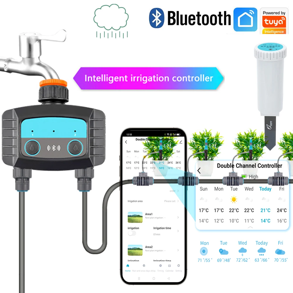 Умный Bluetooth-контроллер орошения Tuya, двухканальный таймер полива, работает с датчиком влажности и температуры почвы
Умный Bluetooth-контроллер орошения Tuya, двухканальный таймер полива, работает с датчиком влажности и температуры почвы
