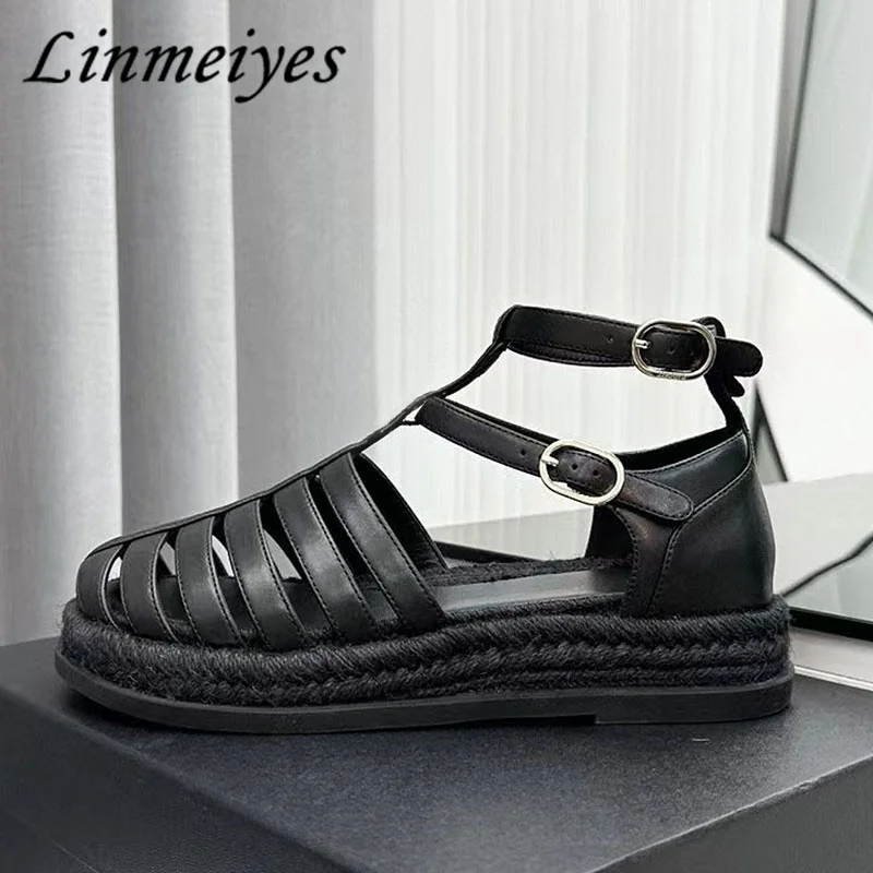 

Thick Sole Sandals Woman High Top Round Toe Genuine Leather Hollow Outs Summer Shoes Women Casual Holiday Beach Sandals Women